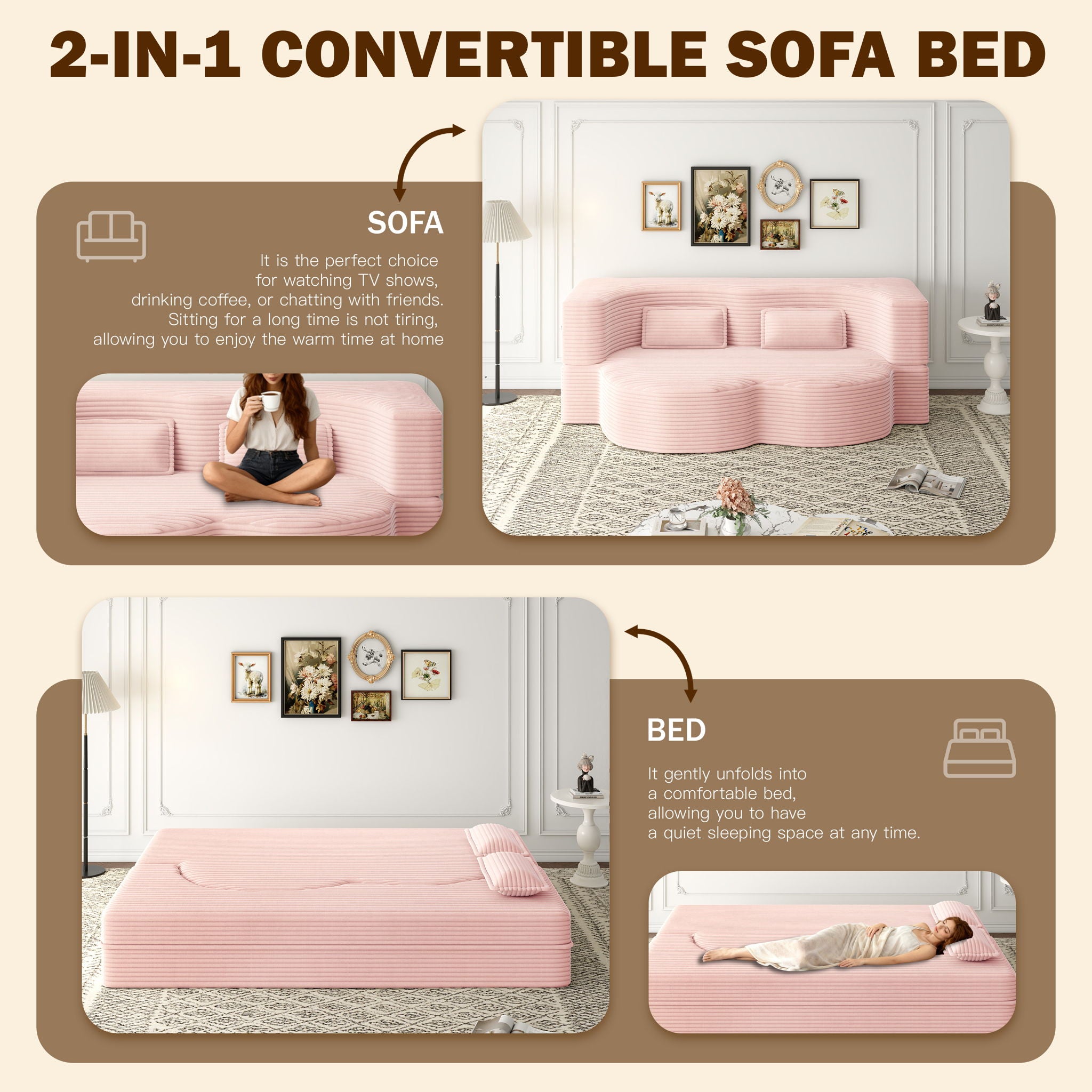 Modern Floor Sofa With 2 Pillows, Convertible Twin Size Folding Mattress For Living Room