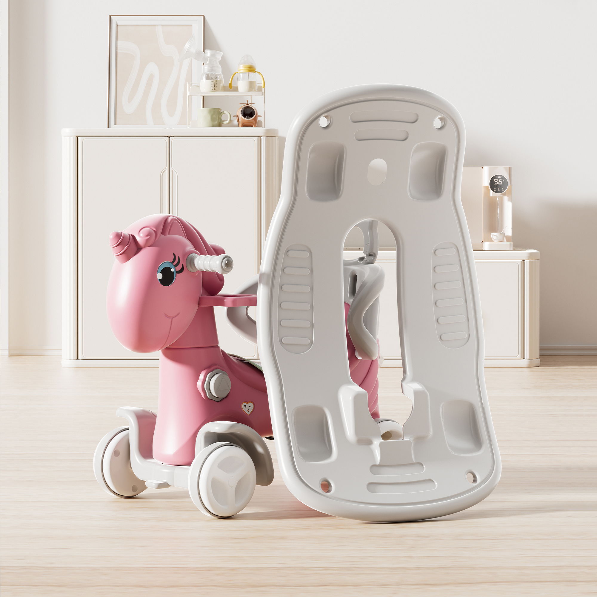 Unicorn Rocking Horse For Toddlers, Ride On Toy With Push Handle And Balance Board - Pink