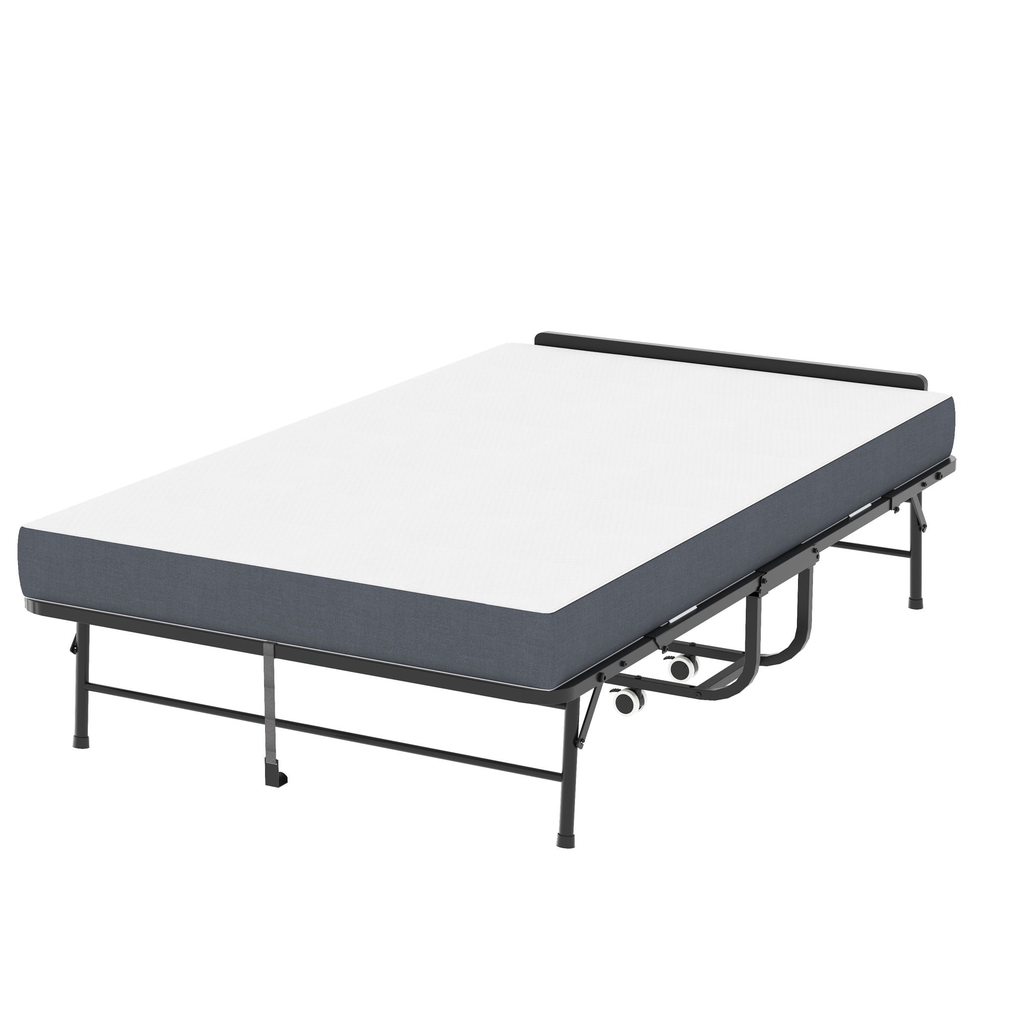 Twin Extra Long Folding Bed With Adjustable Headboard, Cot With Memory Foam Mattress - Black