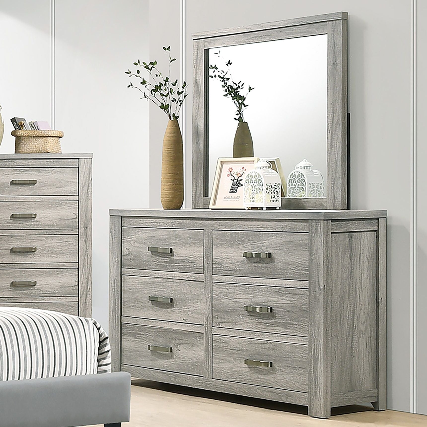 1 Piece Dresser With Handles, 6 Drawers - Light Gray