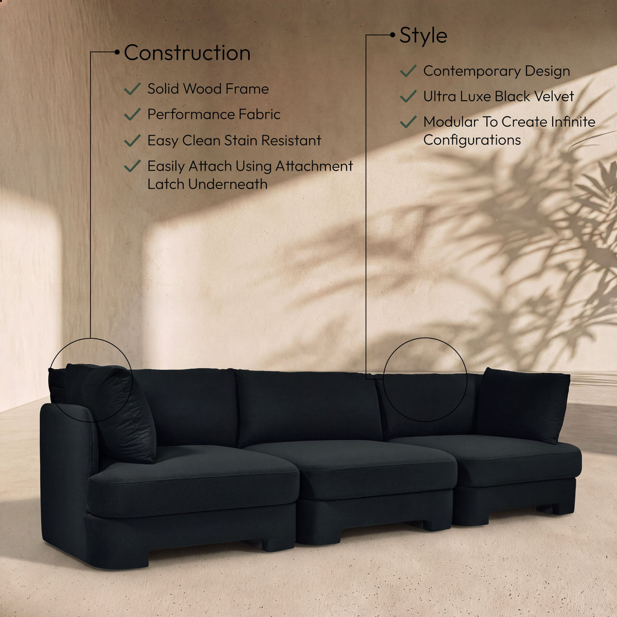 Hammond - Velvet Performance Fabric Upholstered 3 Piece Sofa