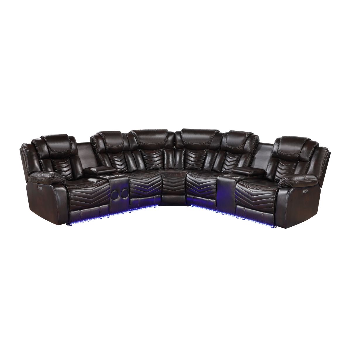 Ramone - 3 Piece Power Reclining Sectional With Consoles, Speakers, Subwoofer And LED Lighting - Brown