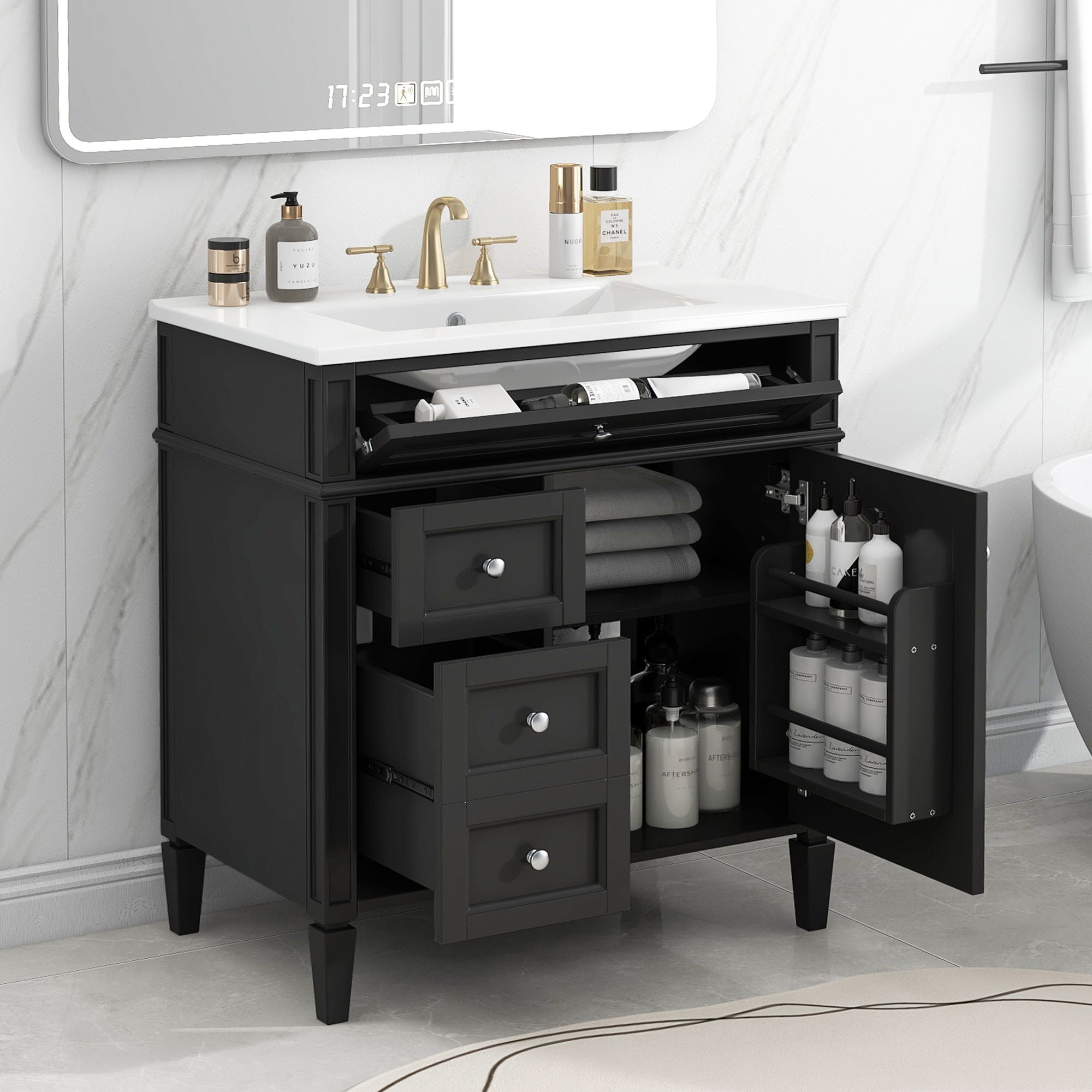 Bathroom Vanity With Top Sink, 3 Drawer Storage Cabinet, Rectangular Design - Black