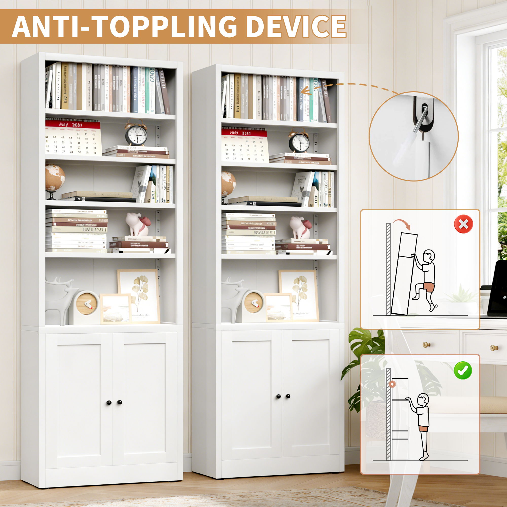 Bookcase Tall 5-Tier Adjustable Storage Shelf With Door Deep - White