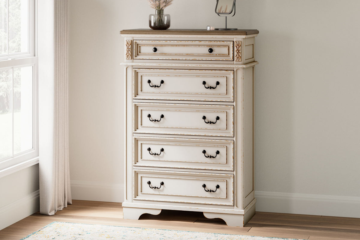 Realyn - Five Drawer Chest - White / Brown / Beige