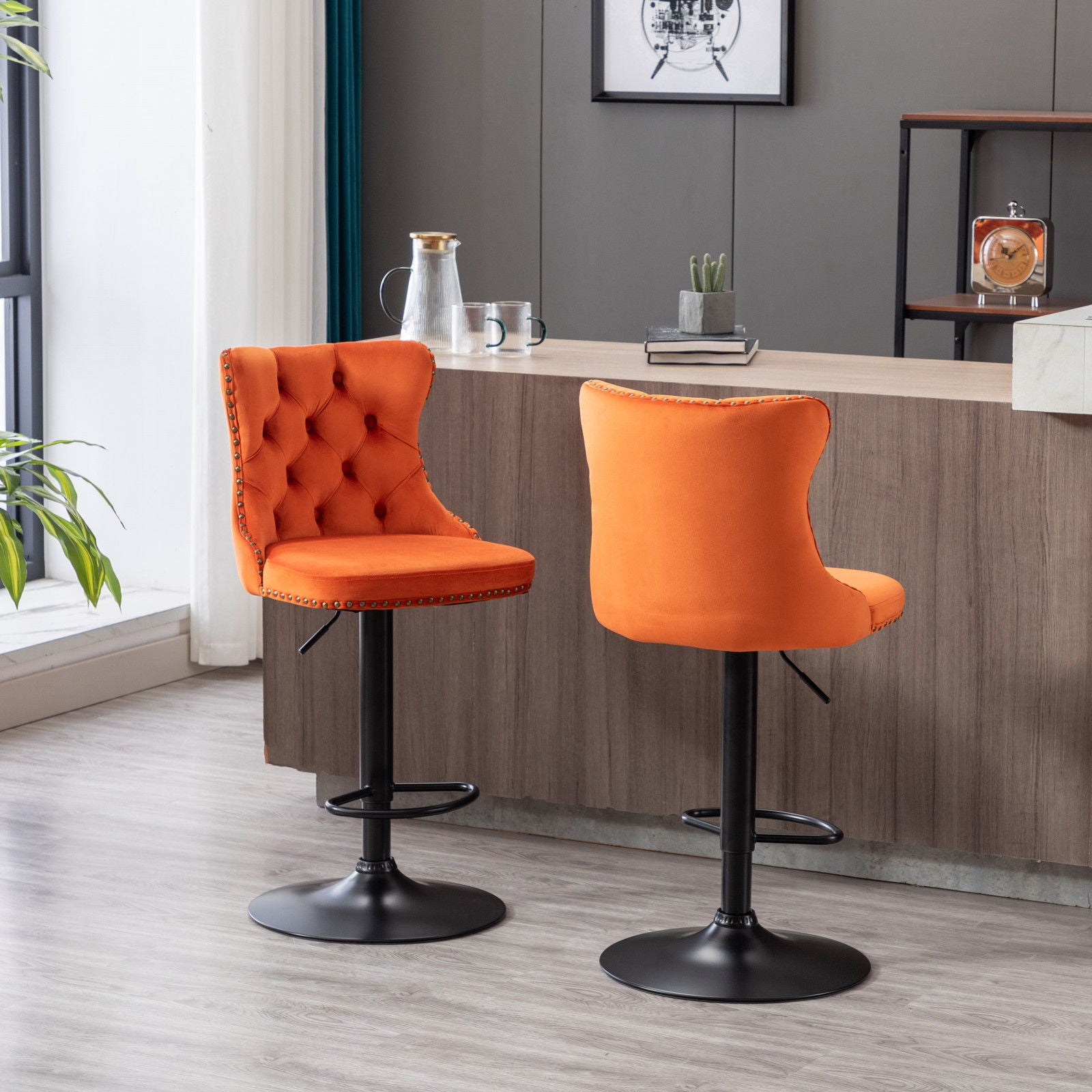 Swivel Barstools Adjusatble Seat Height, Modern Upholstered Bar Stools With Backs Comfortable Tufted For Home Pub And Kitchen Island (Set of 2)