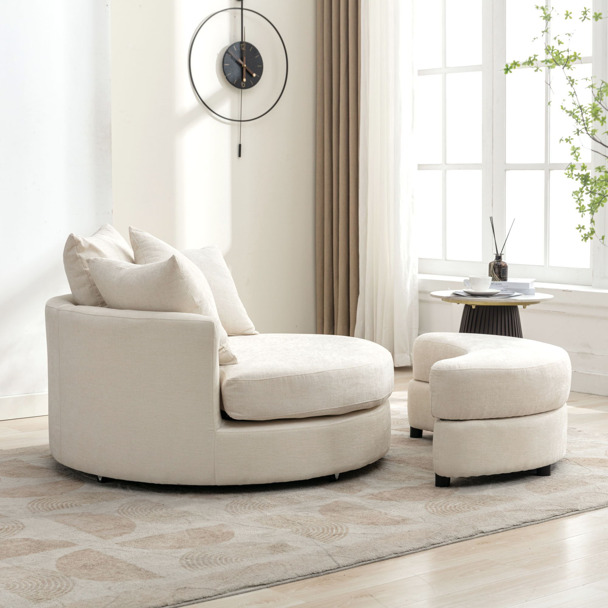360° Swivel Accent Barrel Chair With Storage Ottoman & 4 Pillows, Modern Leisure Chair Round Accent For Living Room