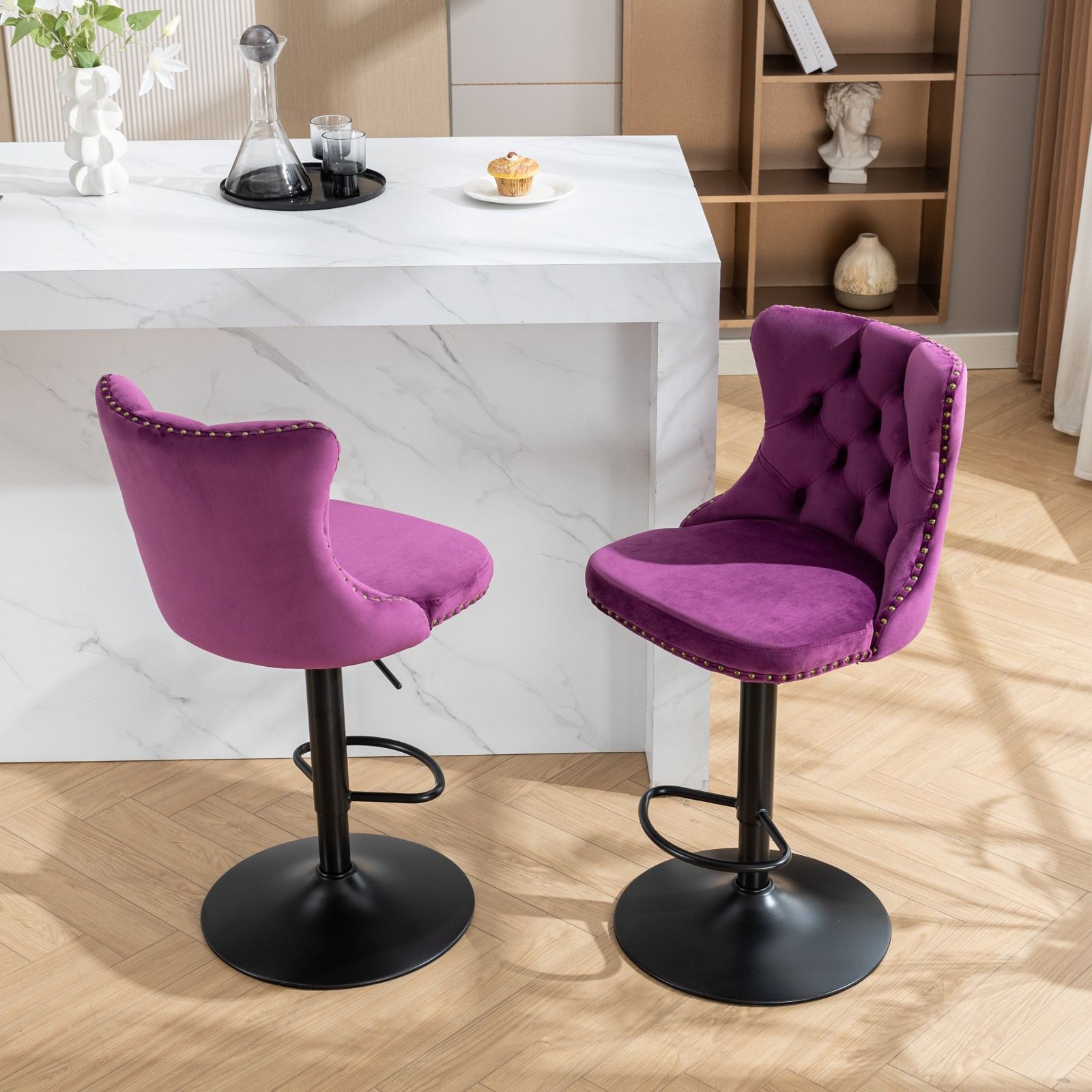 Swivel Barstools Adjusatble Seat Height, Modern Upholstered Bar Stools With Backs Comfortable Tufted For Home Pub And Kitchen Island (Set of 2)