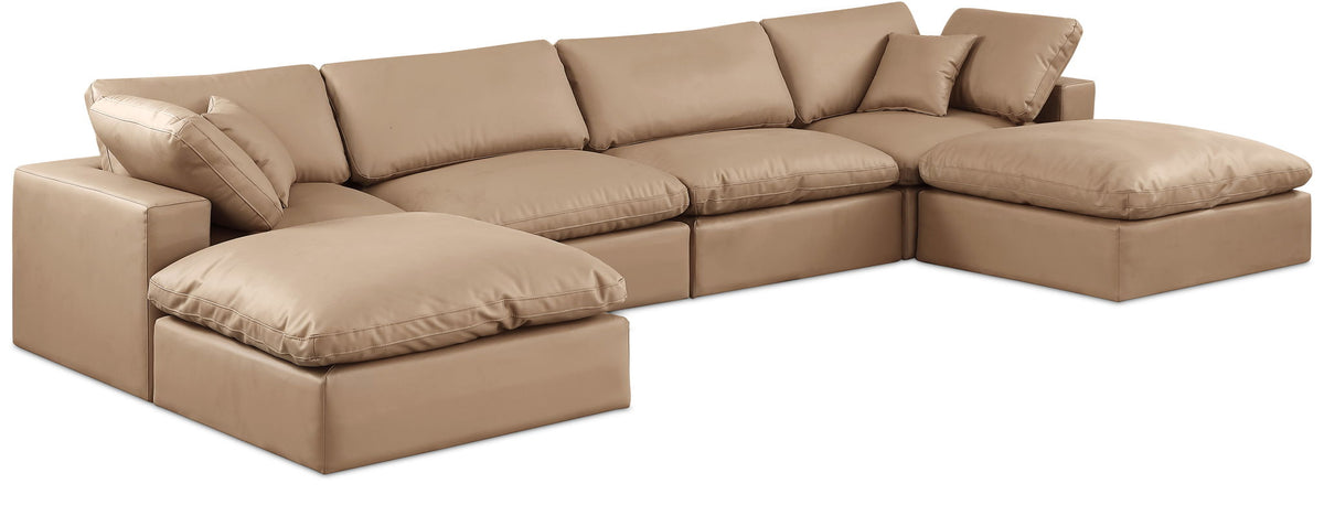 Comfy - 6 Piece Faux Leather Modular Double Chaise Sectional - Tan