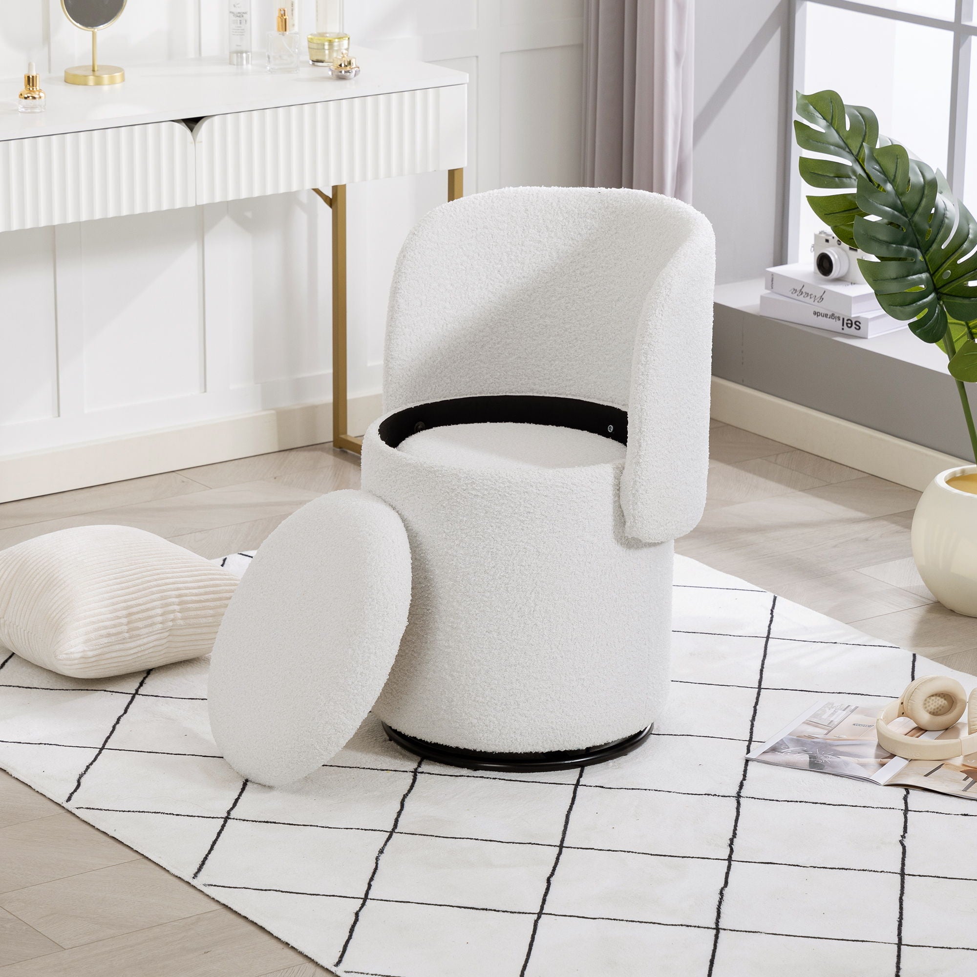 Barrel Chair & Built In Storage, 360° Swivel - Beige