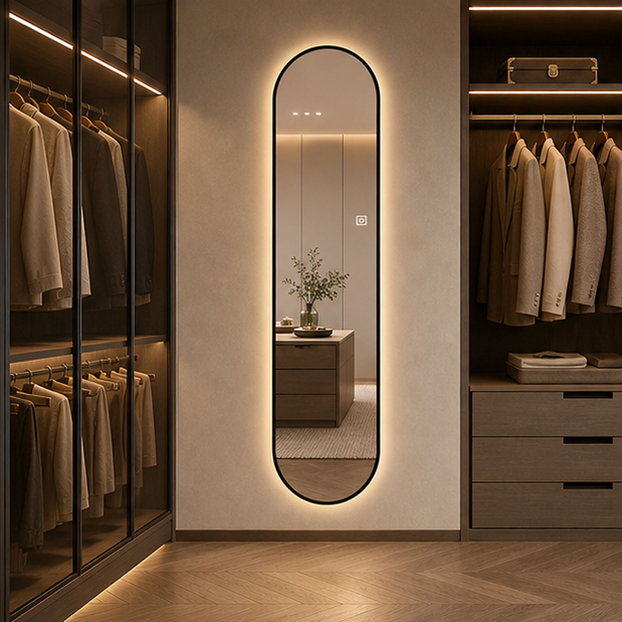 Capsule Shaped Dimmable LED Full Length Wall Mirror With Frame - Silver