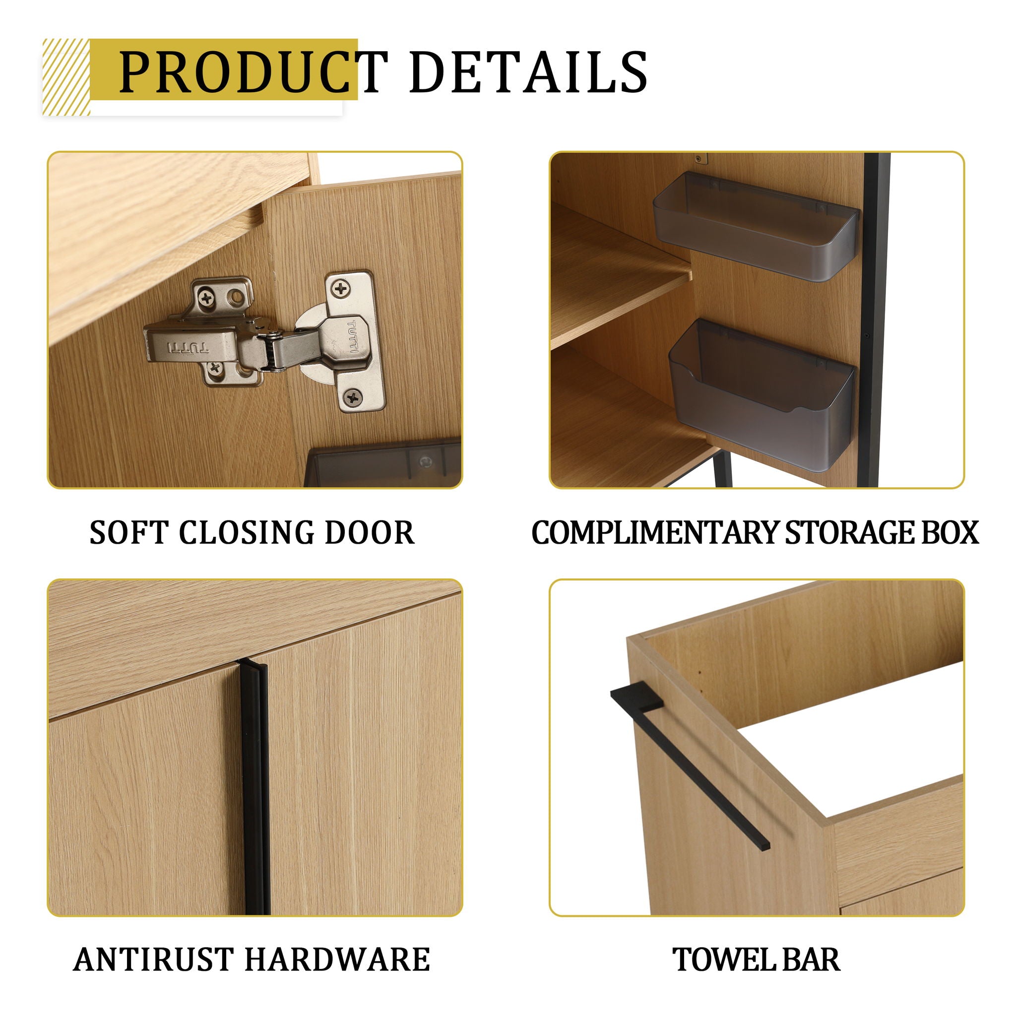 58" Freestanding Bathroom Cabinet With 4 Soft Close Doors & 3 Open Racks (Vanity Only, No Sink) - Oak