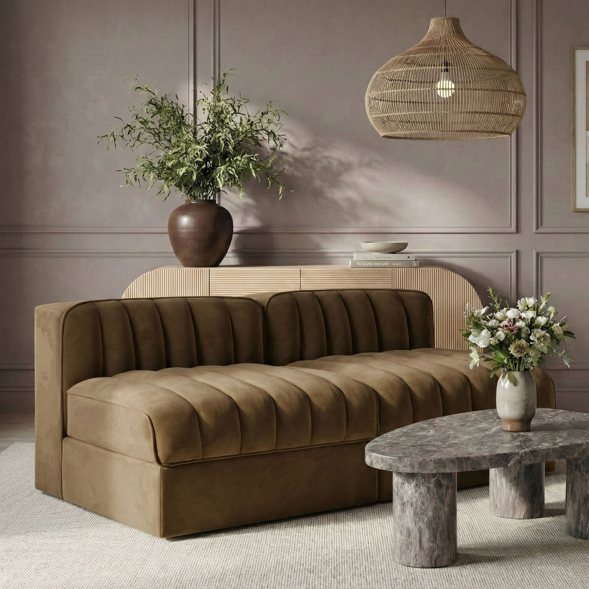 Rummi - Velvet Performance Fabric Upholstered 2 Piece Modular Armless Loveseat