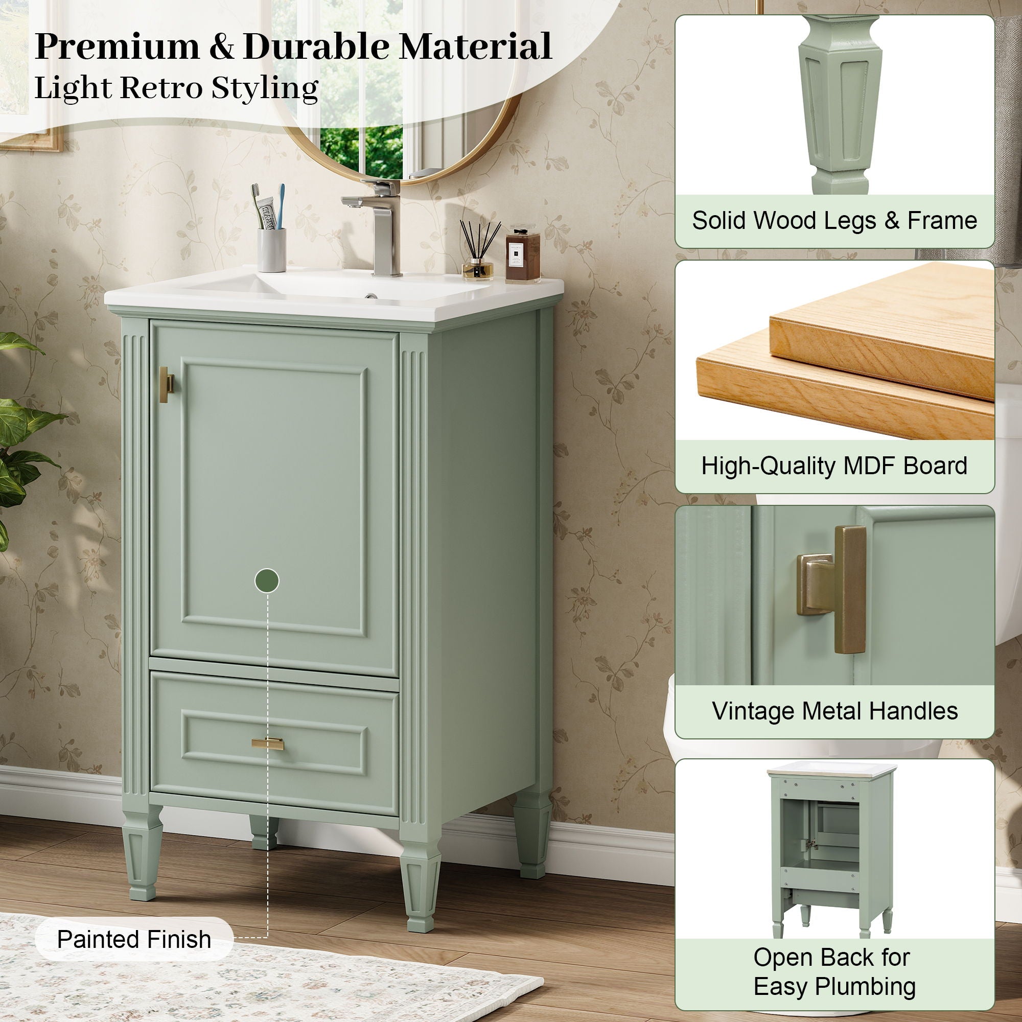 Bathroom Vanity & Sink, Freestanding Storage Cabinet, Soft Close Drawers & Doors - Green