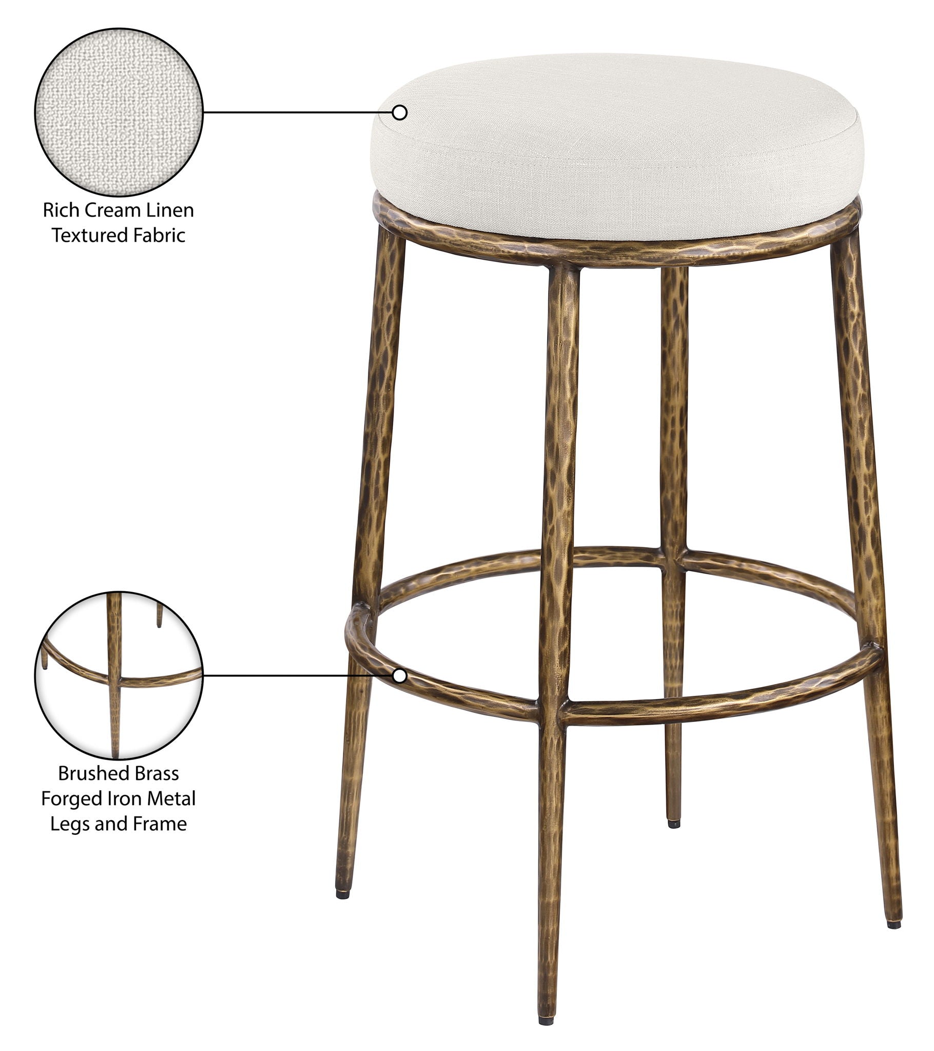 Ferro - Performance Fabric Upholstered Backless Bar Stool - Cream / Antique Brass