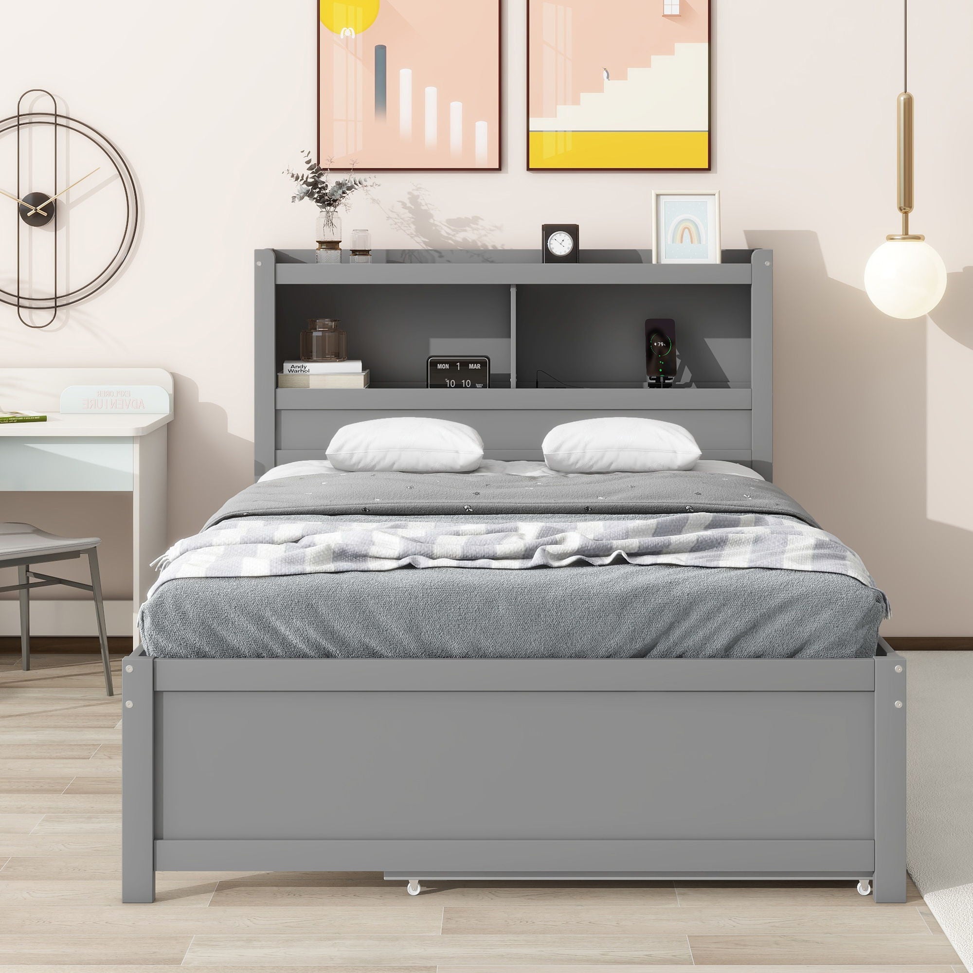Platform Bed With Trundle, Drawers, USB Ports And Built In Shelves