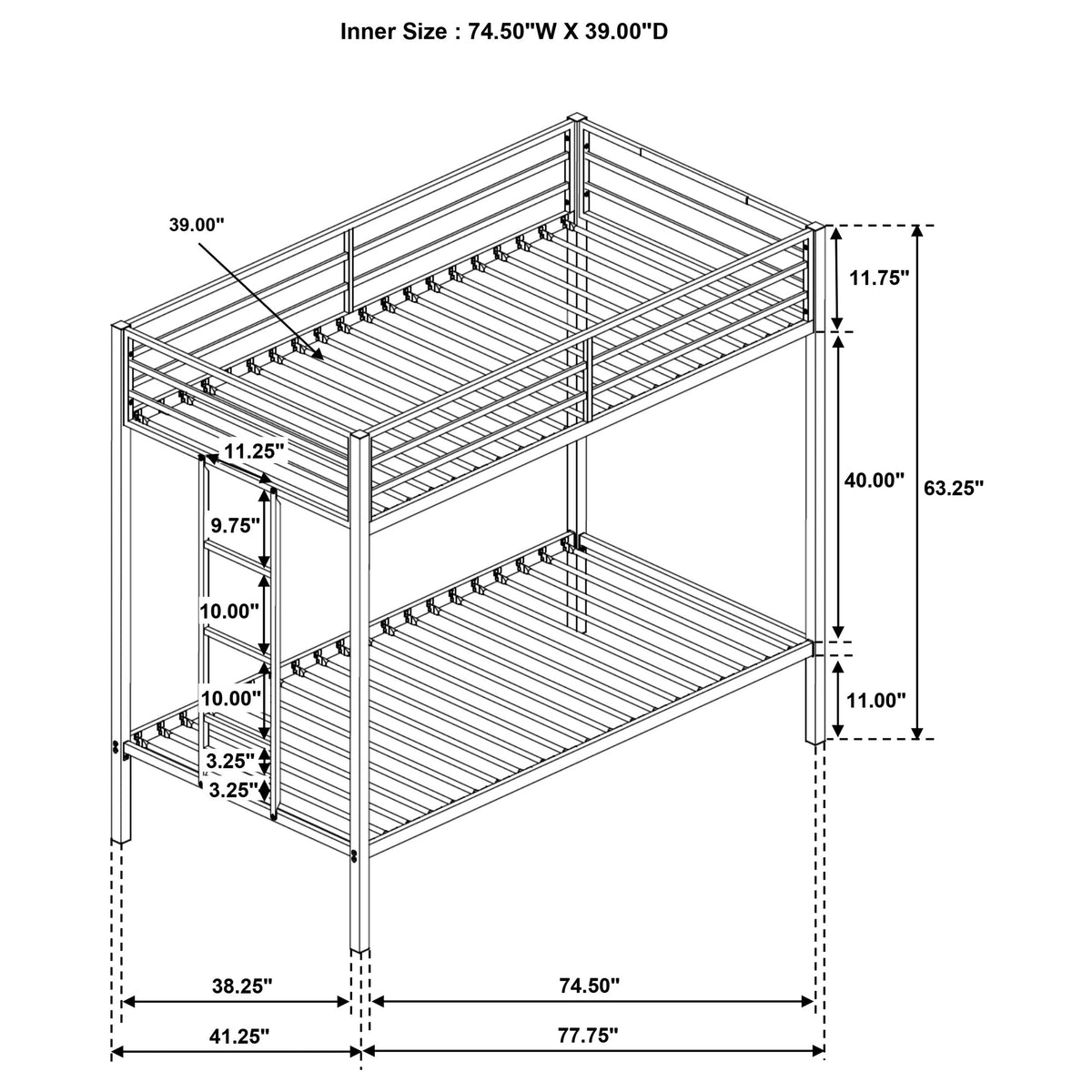Alevera-Over- Steel Bunk Bed with Ladder Matte Black