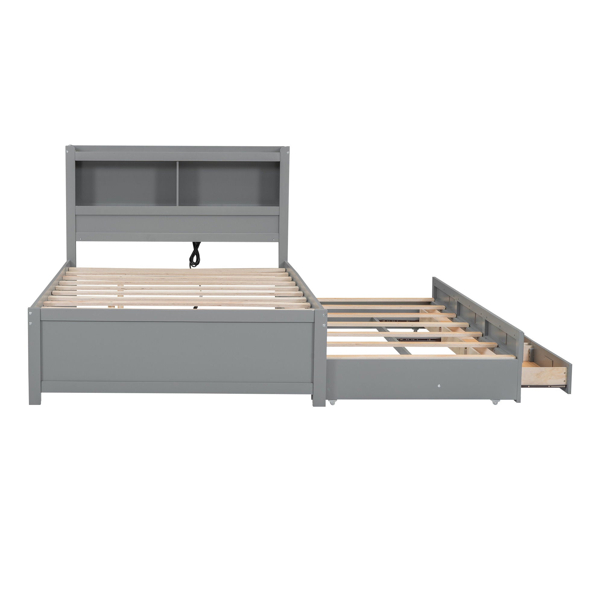 Platform Bed With Trundle, Drawers, USB Ports And Built In Shelves