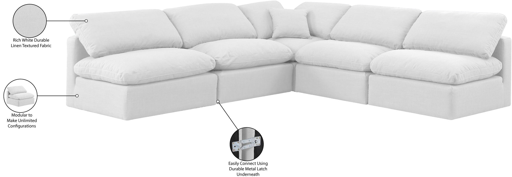Indulge - Linen 5 Piece Modular Corner Armless Sectional - White