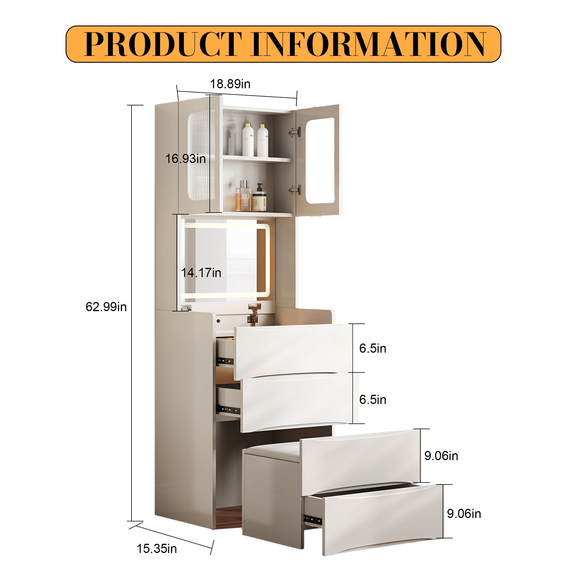 3 In 1 Vanity Table With LED Mirror & Storage Stool For Bedroom