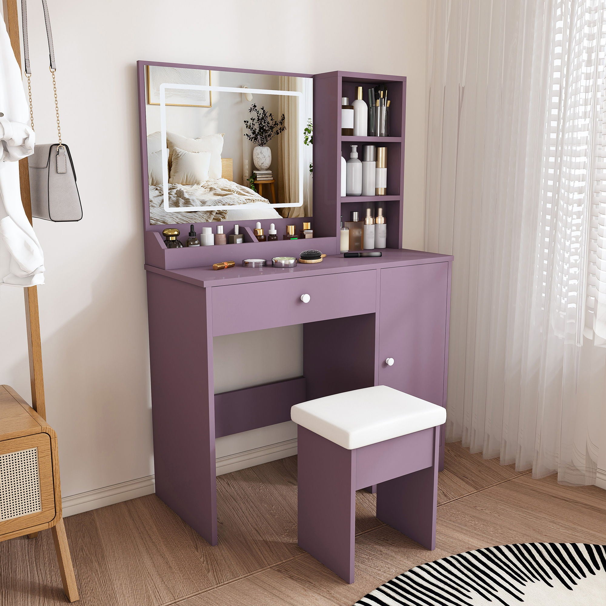 Vanity Desk Set With Padded Stool & Adjustable LED Mirror, 3 Color Mode Lighting, Compact For Bedroom - Purple
