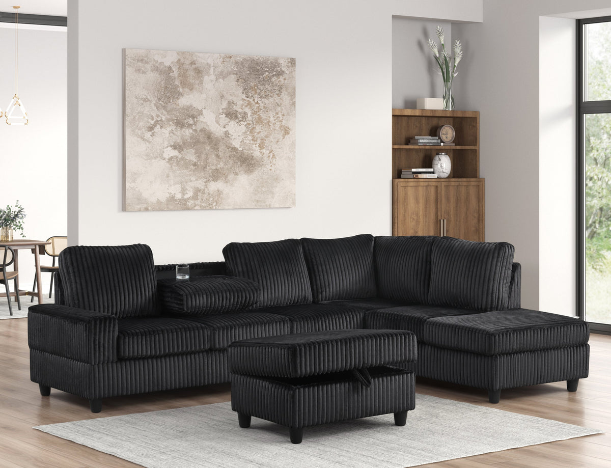 Arosa Black Reversible Sectional with Storage Ottoman