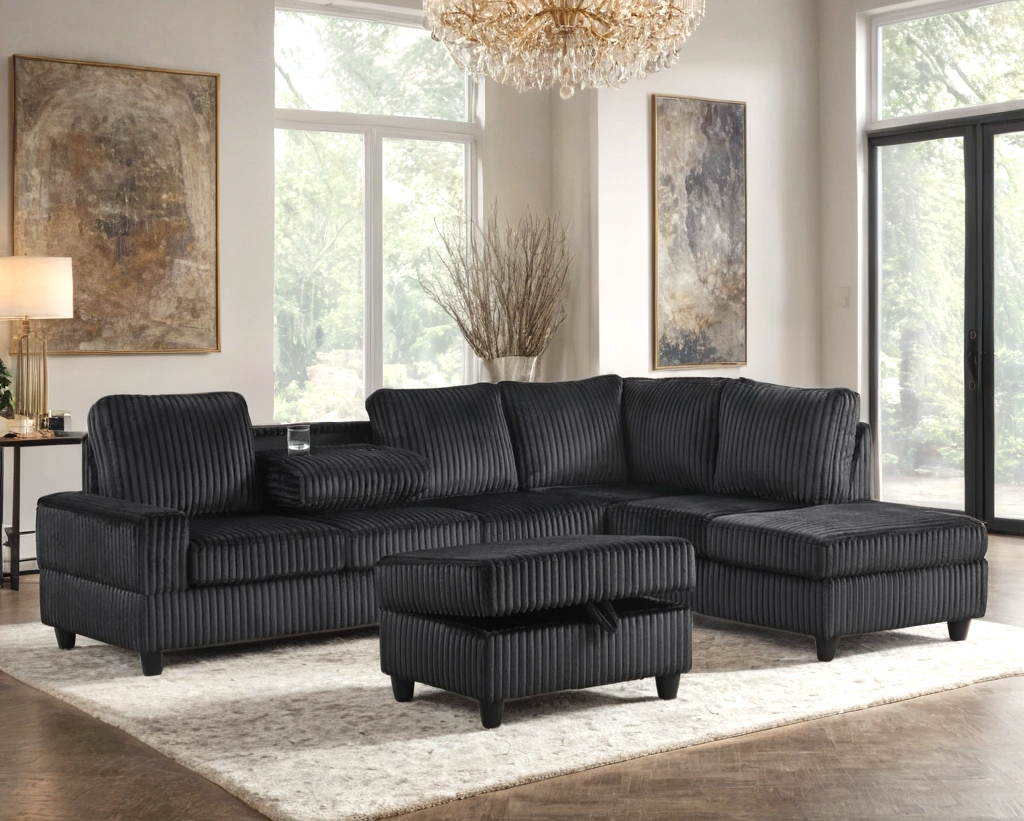 Arosa Black Reversible Sectional with Storage Ottoman