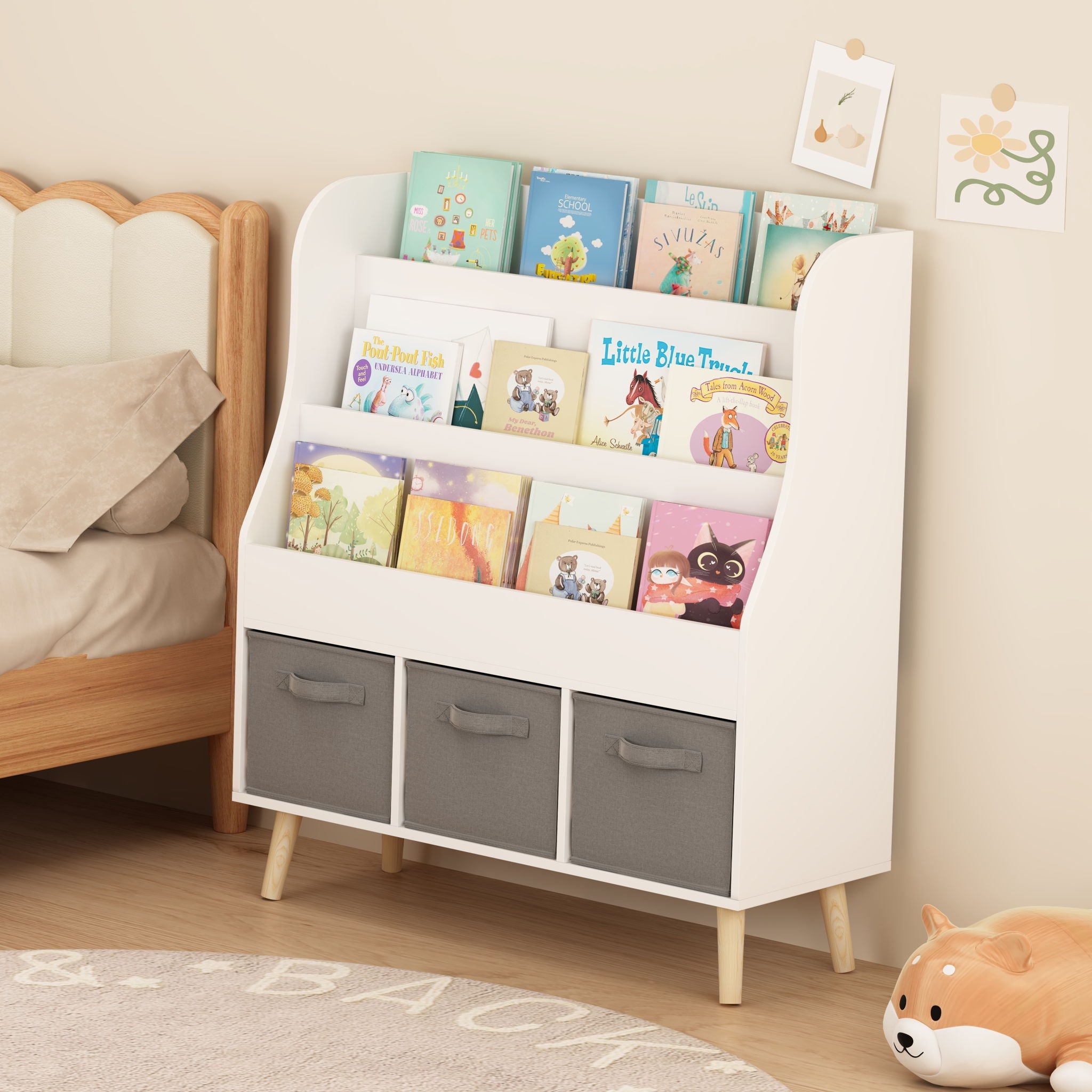 Bookshelf With 3 Bins, Storage Shelf For Toys And Books