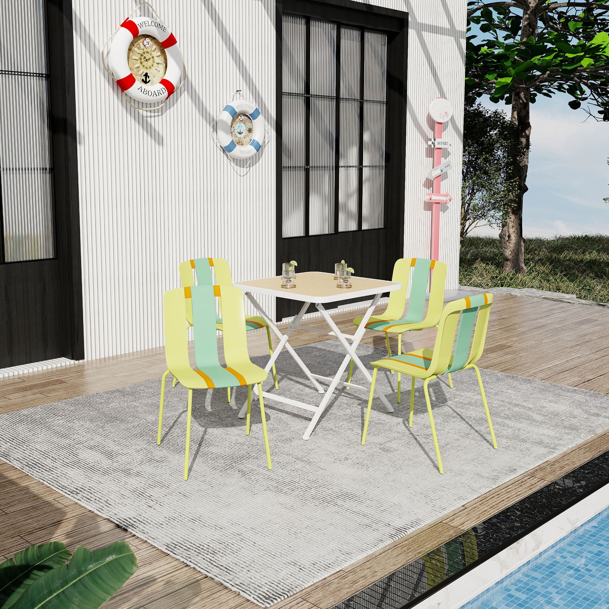 4 Piece Set Of Color Block Designed Single Chairs With Folding Square Table - Grain Yellow / Haze Green / Khaki / Tropical Orange / White