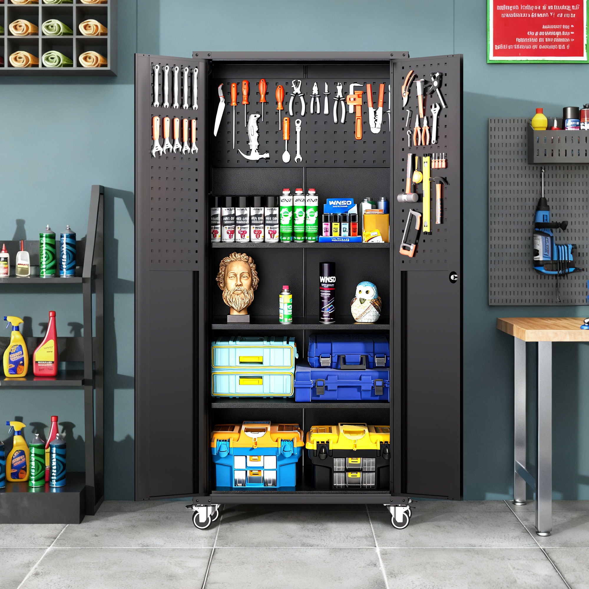Garage Storage Cabinet With Wheels Heavy-Duty Tool Storage - Black