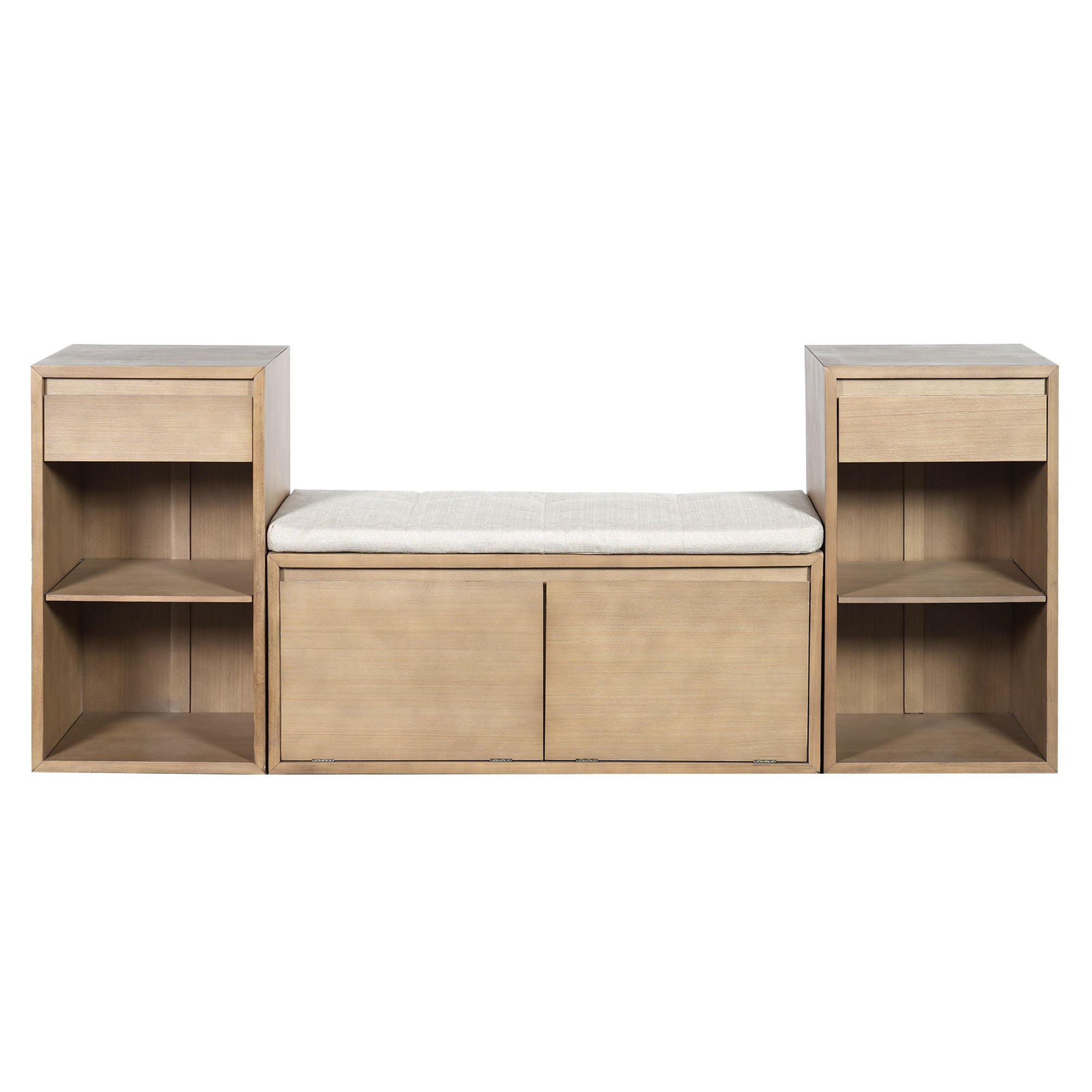 Entryway Storage Bench With Cushion, Drawers & Open Shelves