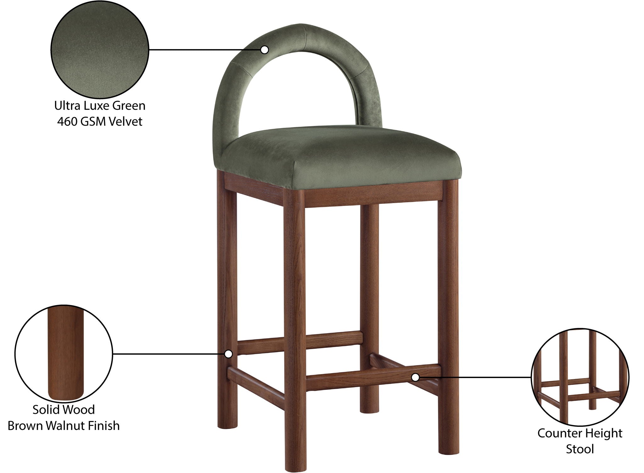 Conrad - Velvet Counter Stool With Brown Legs