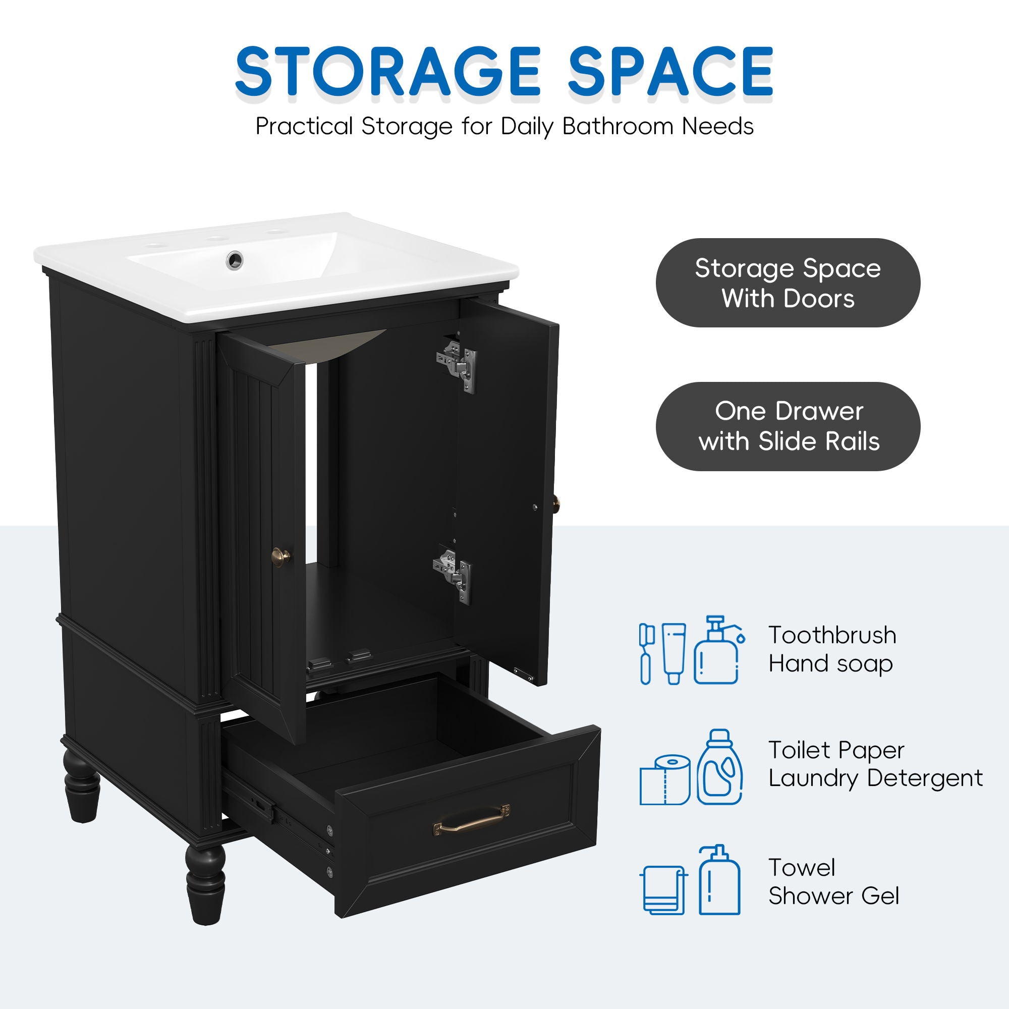 20" Bathroom Vanity With Sink Cabinet With 2 Doors, 2 Drawer, Magnetic Door Stopper, Adjustable Feet, Drop In Sink - Black