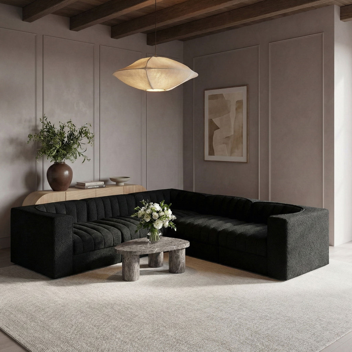 Rummi - Symmetrical Velvet Performance Fabric Upholstered 5 Piece Modular Sectional