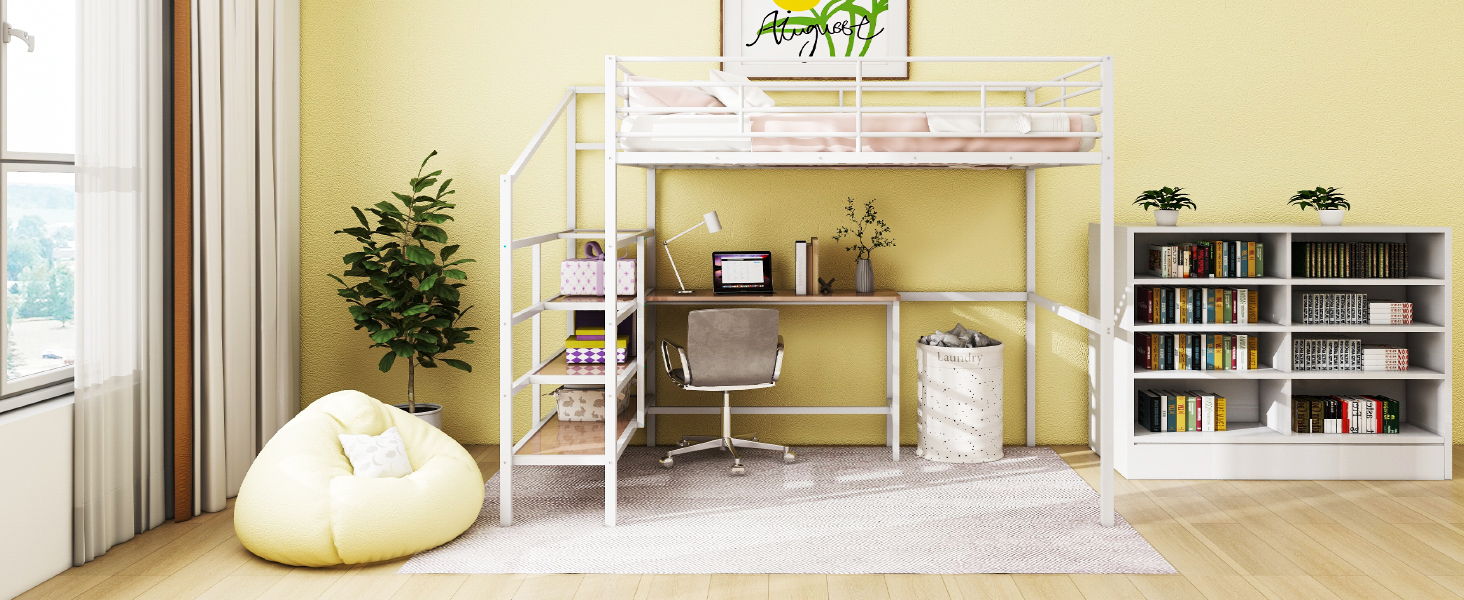 Full Size Loft Bed With Desk And Lateral Storage Ladder - White