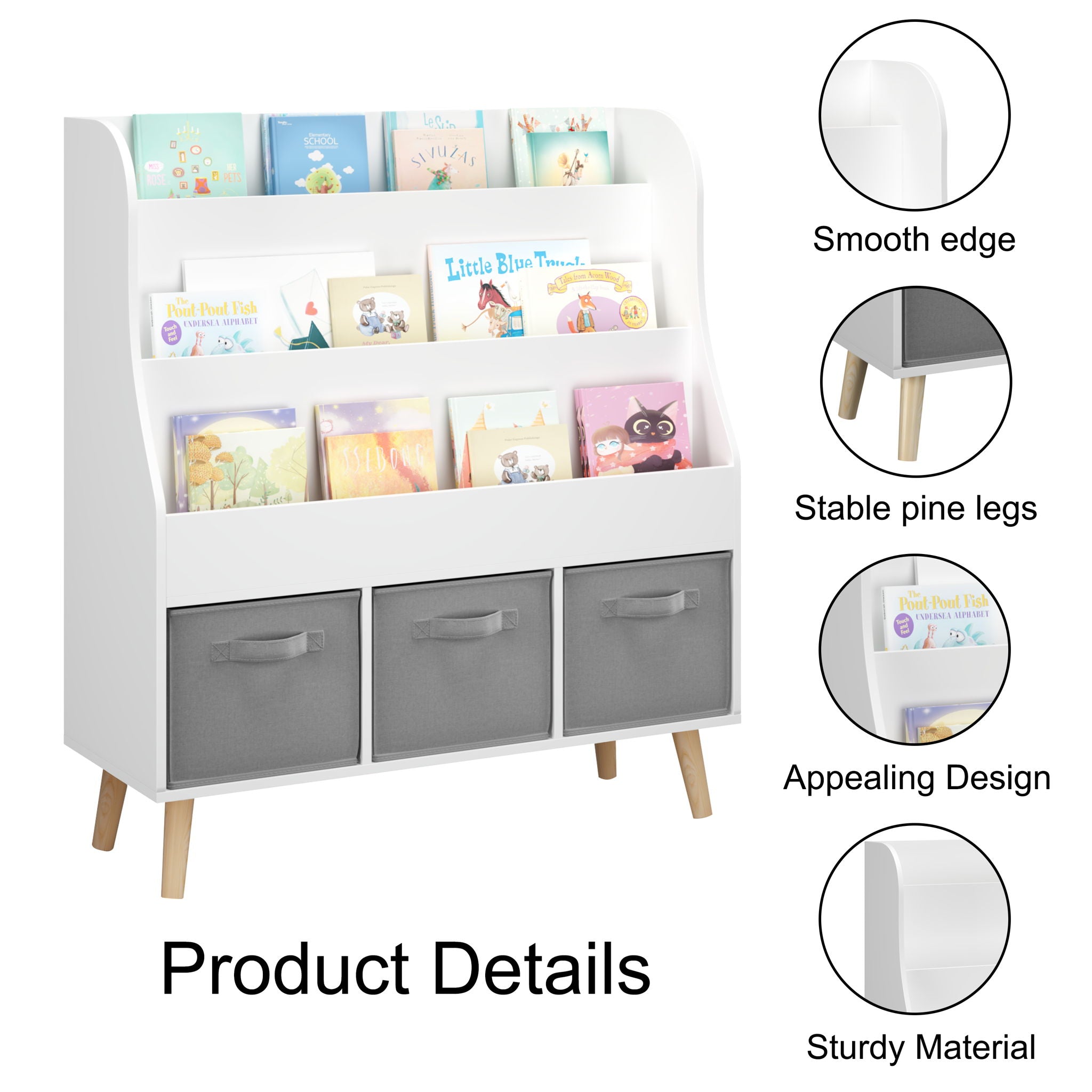 Bookshelf With 3 Bins, Storage Shelf For Toys And Books