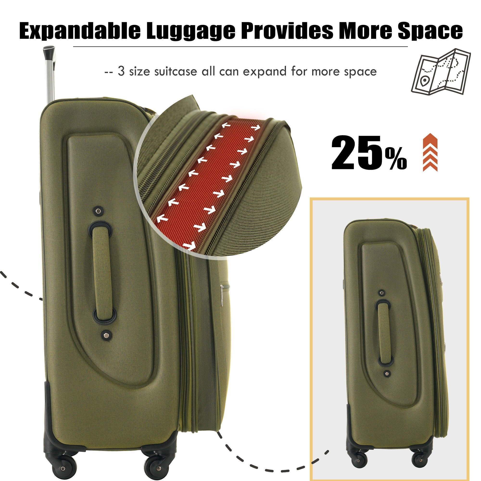Softside Luggage 3 Piece Set With Duffel Bag 22" / 26" / 30" Lightweight Expandable Spinner Travel Case - Army Green