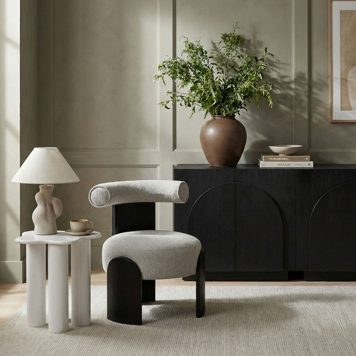 Calder - Linen Textured Fabric Upholstered Accent Chair - Painted Black Base
