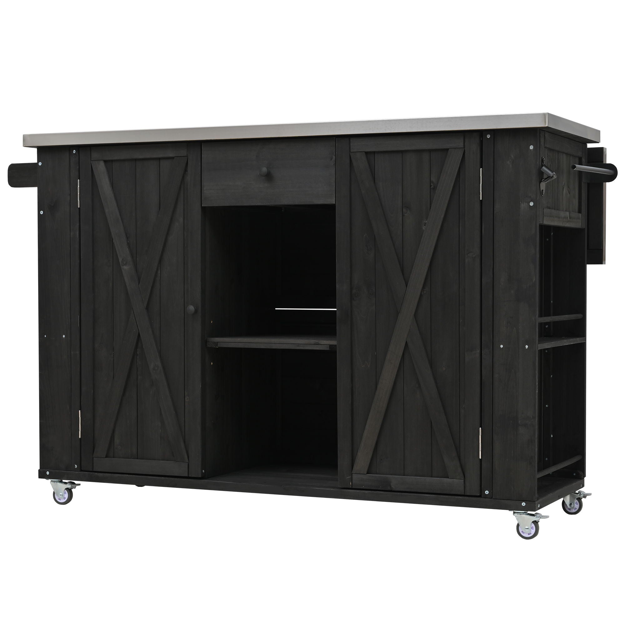 Outdoor Kitchen Island With Stainless Steel Top, Ample Storage Space, Towel And Spice Racks And A Bottle Opener