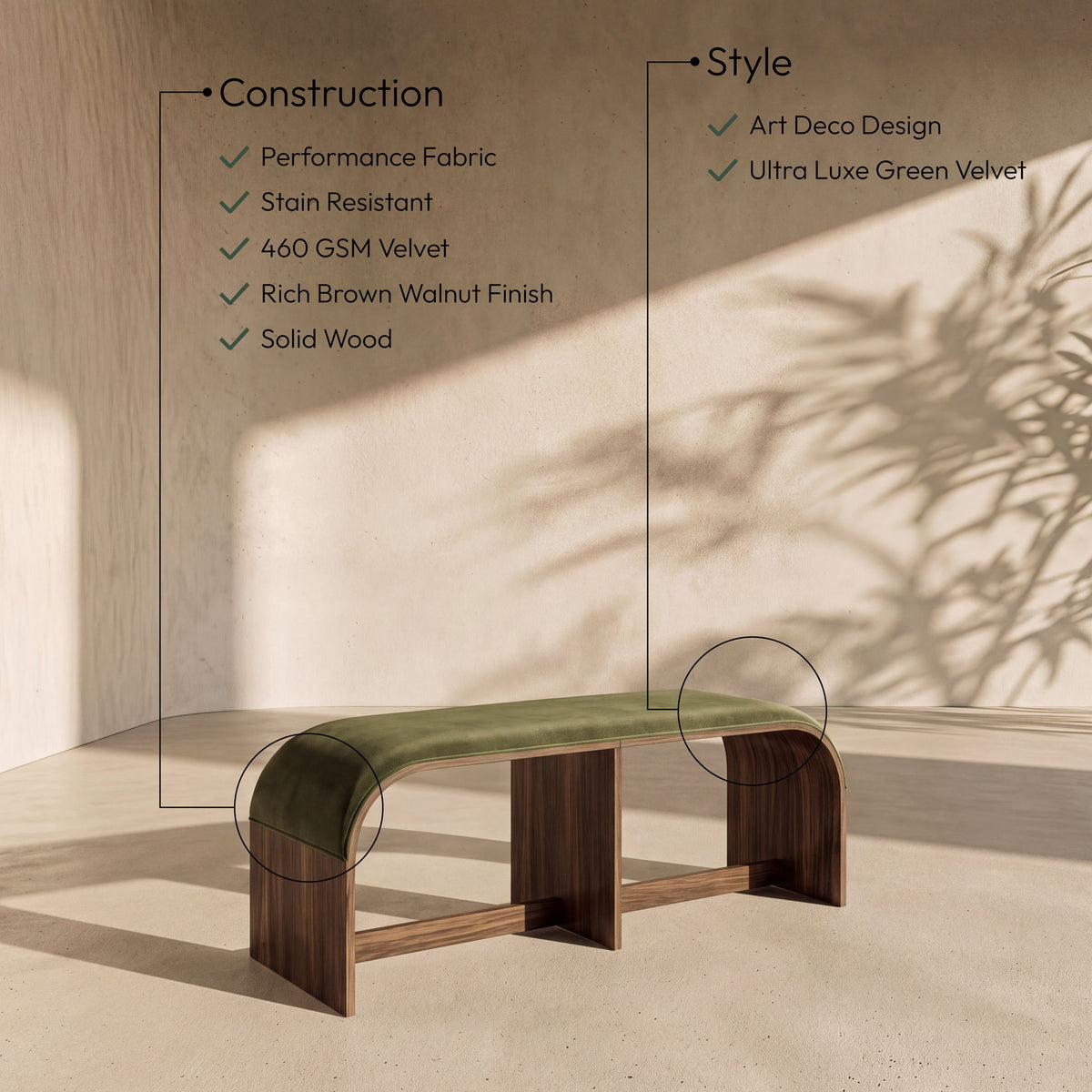 Sable - 52" Velvet Performance Fabric Upholstered Bench