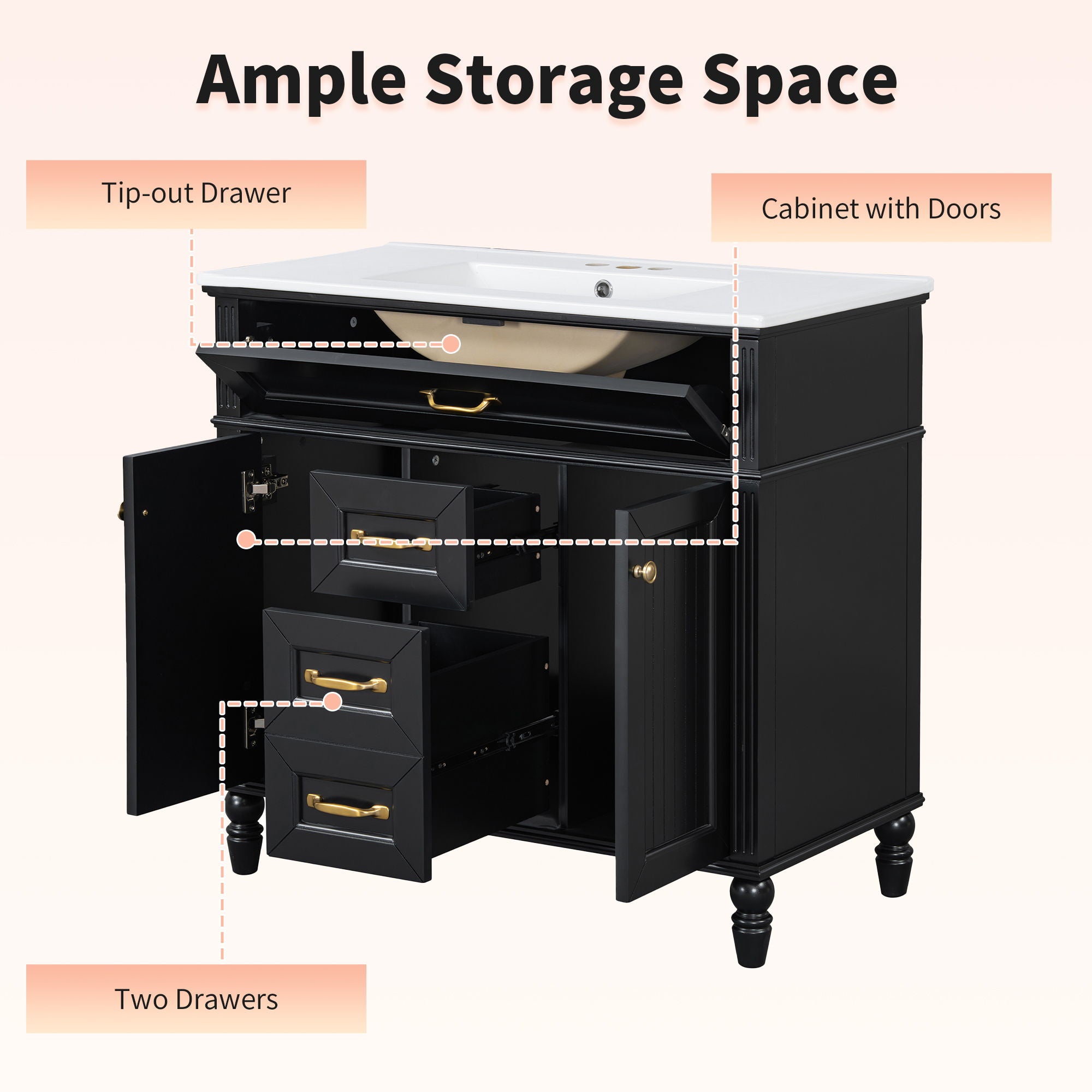 Bathroom Vanity With Sink, Flip-Out Top Drawer, Soft Close Doors, 2 Storage Drawers