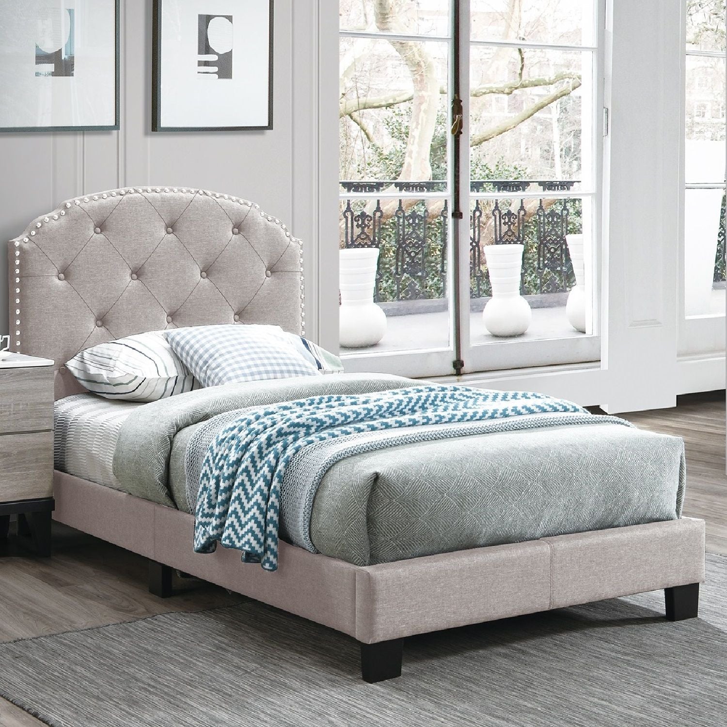 Button Tufted Bed With Nailhead Trim