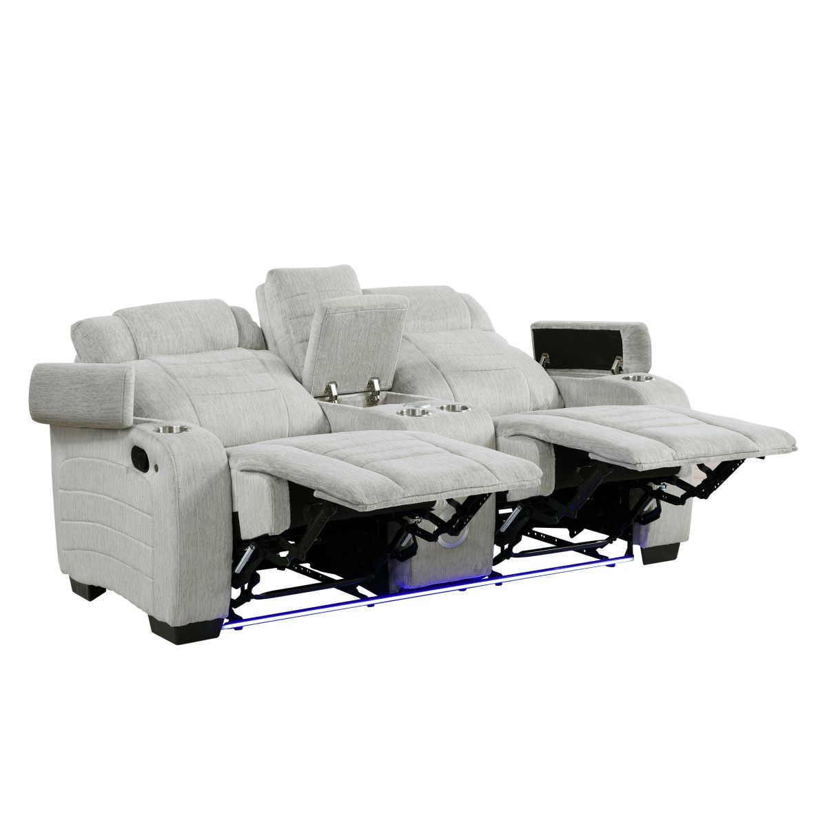 Ronan - Double Reclining Loveseat With Center Console, Wireless Speakers, Storage Arms, Cup Holders And Led - Gray