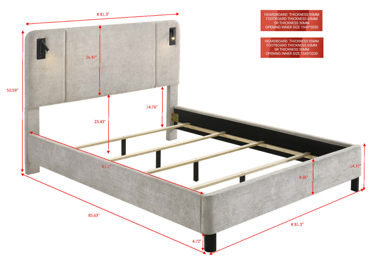 Freya Light Gray King Upholstered Bed with Reading Lights