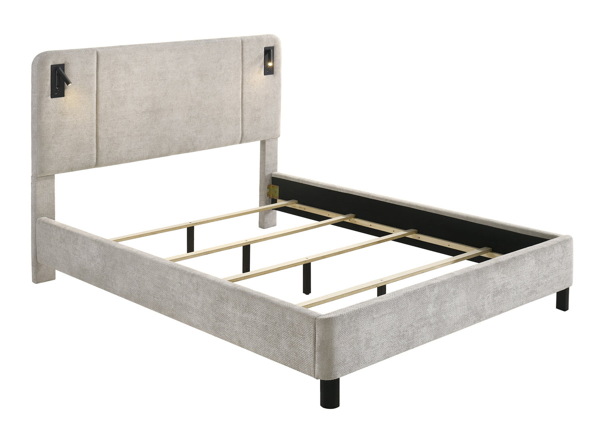 Freya Light Gray King Upholstered Bed with Reading Lights
