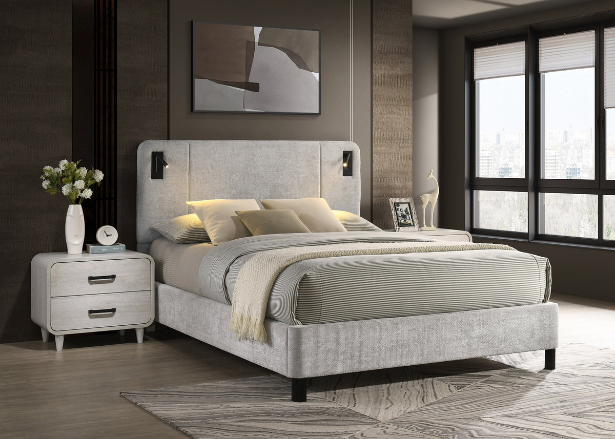 Freya Light Gray King Upholstered Bed with Reading Lights