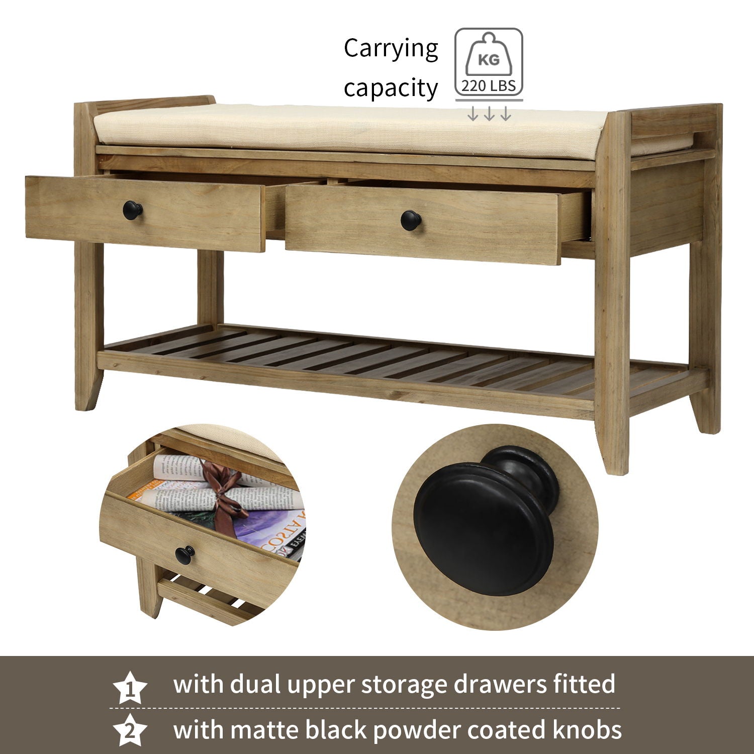 Shoe Rack With Cushioned Seat And Drawers Multipurpose Entryway Storage Bench Wash - Gray Wash