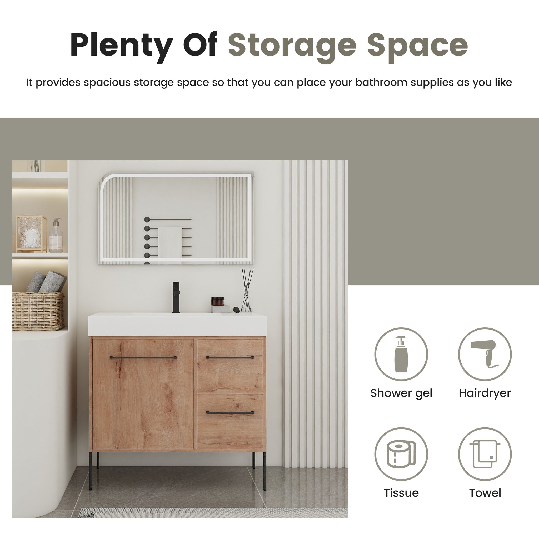 36" Freestanding Bathroom Vanity With Sink, Soft Close Doors & 2 Drawers - Imitative Oak