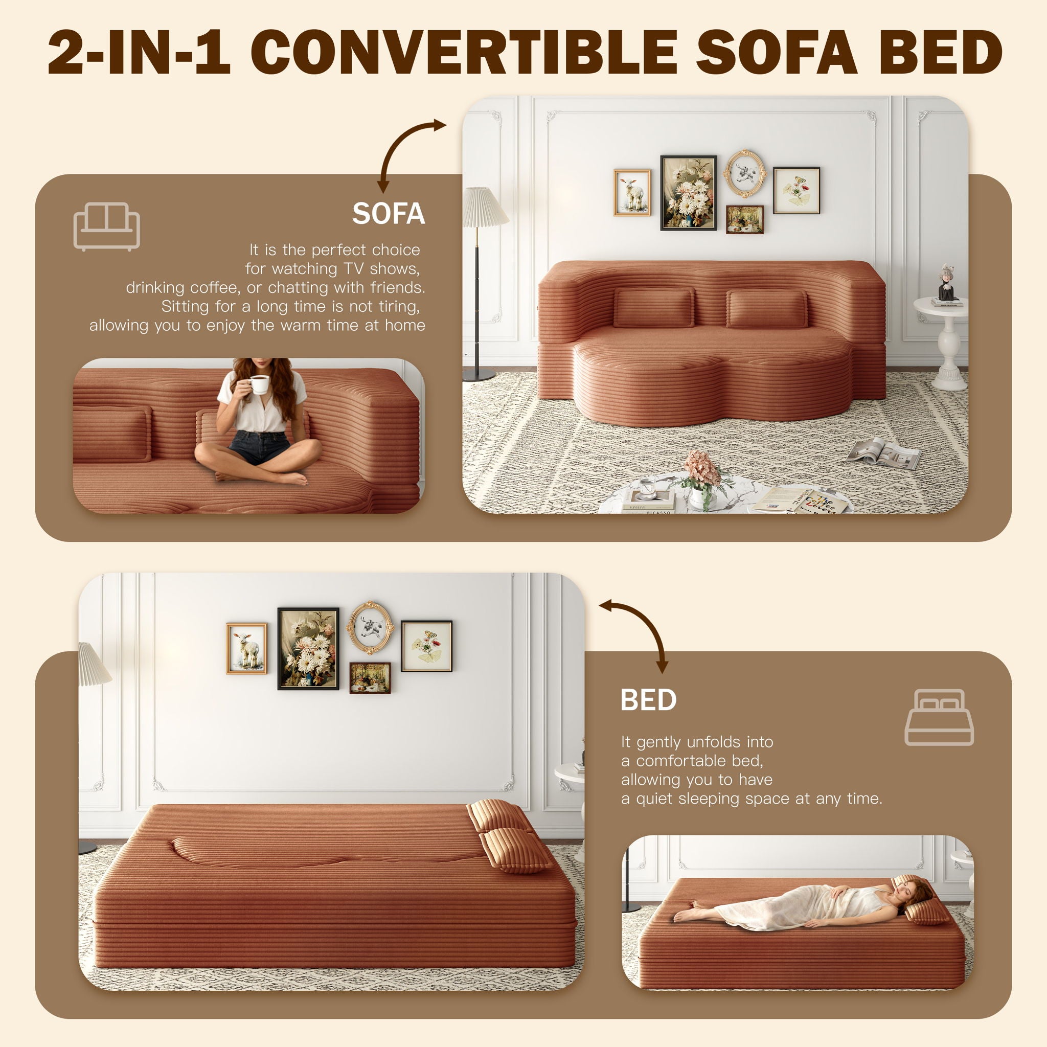 Modern Floor Sofa With 2 Pillows, Convertible Twin Size Folding Mattress For Living Room