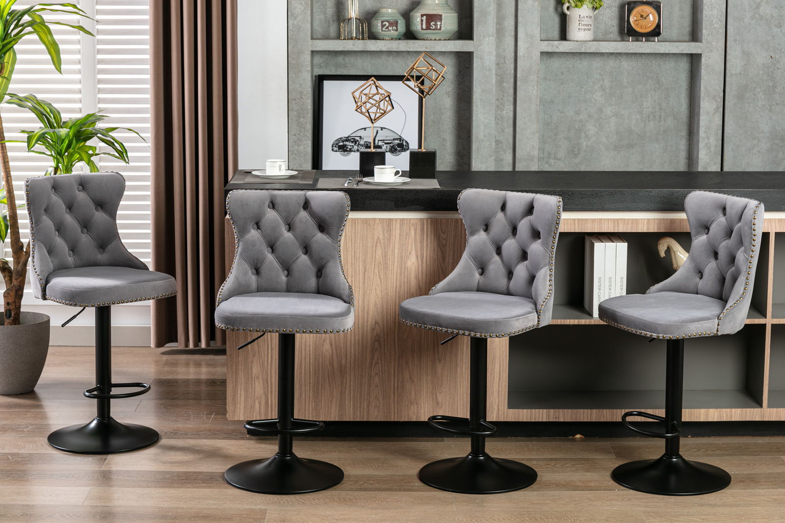 Swivel Barstools Adjusatble Seat Height, Modern Upholstered Bar Stools With Backs Comfortable Tufted For Home Pub And Kitchen Island (Set of 2)